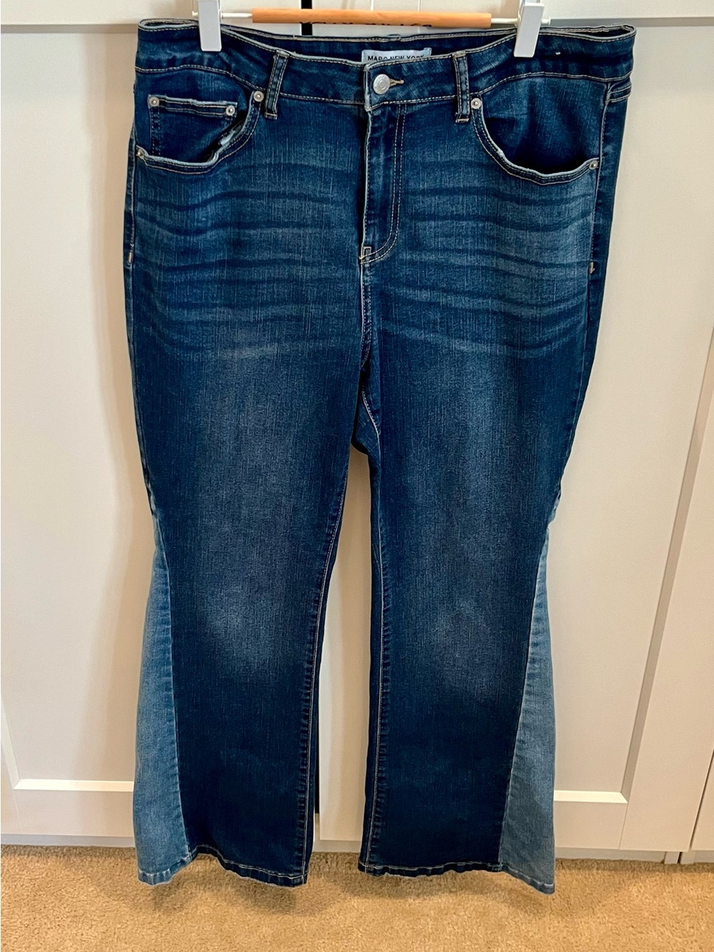 Marc New York Dark Blue Two-Tone Flare Jeans with a 1970’s Vibe Bohemian Hippie
